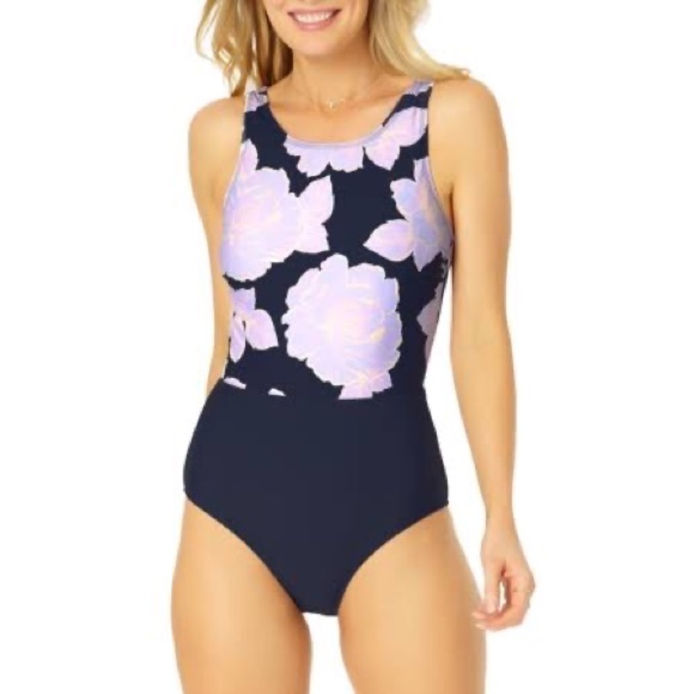 Catalina Blue & Lavender Floral One Piece Tank Style Swimsuit - Size L Large